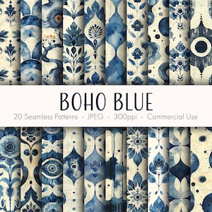 Padrões Boho Blue Seamless, papel digital para impressão, uso comercial, formato JPEG, download instantâneo