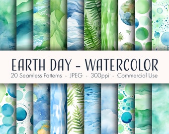 Watercolor Earth Day Seamless Patterns, printable digital paper, commercial use, JPEG format, instant download