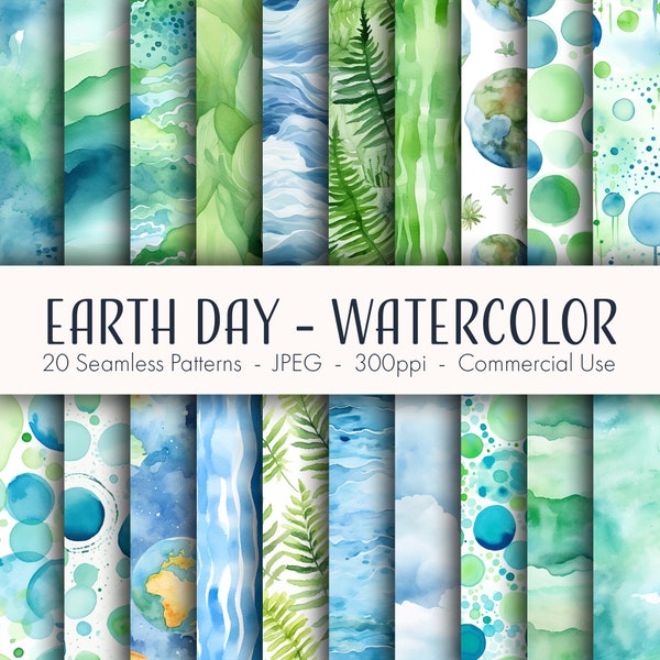 Watercolor Earth Day Seamless Patterns, printable digital paper, commercial use, JPEG format, instant download