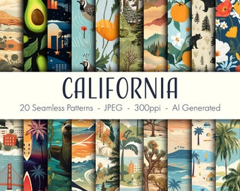Op de afbeelding: Een set van 20 digitale naadloze patronen met verschillende illustraties met een Californië-thema, waaronder palmbomen, surfers, avocado's en bergen. De patronen zijn in verschillende kleuren en stijlen en zijn perfect voor gebruik in knutselen, scrapbooking en andere creatieve projecten. De tekst "CALIFORNIA 20 Seamless Patterns - JPEG - 300ppi - AI Generated" is in de afbeelding opgenomen.