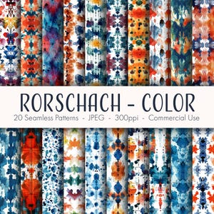May include: 20 seamless digital paper patterns in a watercolor style with abstract shapes in shades of blue, orange, and red. The patterns are called "Rorschach - Color".