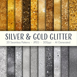 Silver & Gold Glitter Seamless Patterns, printable digital paper, instant download, commercial use, scrapbook