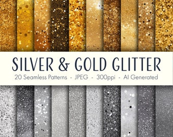 Silver & Gold Glitter Seamless Patterns, printable digital paper, instant download, commercial use, scrapbook