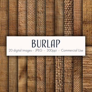 Puede incluir: Una colección de 20 imágenes digitales de arpillera con varias texturas tejidas. Las imágenes están en formato JPEG a 300 ppp y son para uso comercial. La palabra "BURLAP" se muestra en un cuadro rectangular blanco.