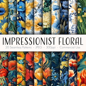 May include: A set of 20 digital seamless patterns featuring impressionistic floral designs. The patterns include various flowers, such as poppies, sunflowers, and daisies, in shades of blue, yellow, red, and green. The patterns are perfect for creating unique and stylish projects.
