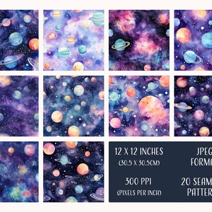 May include: 20 seamless digital patterns featuring watercolor illustrations of planets and stars on a dark blue background with purple and pink nebulae. The patterns are 12 inches by 12 inches and 300 pixels per inch.