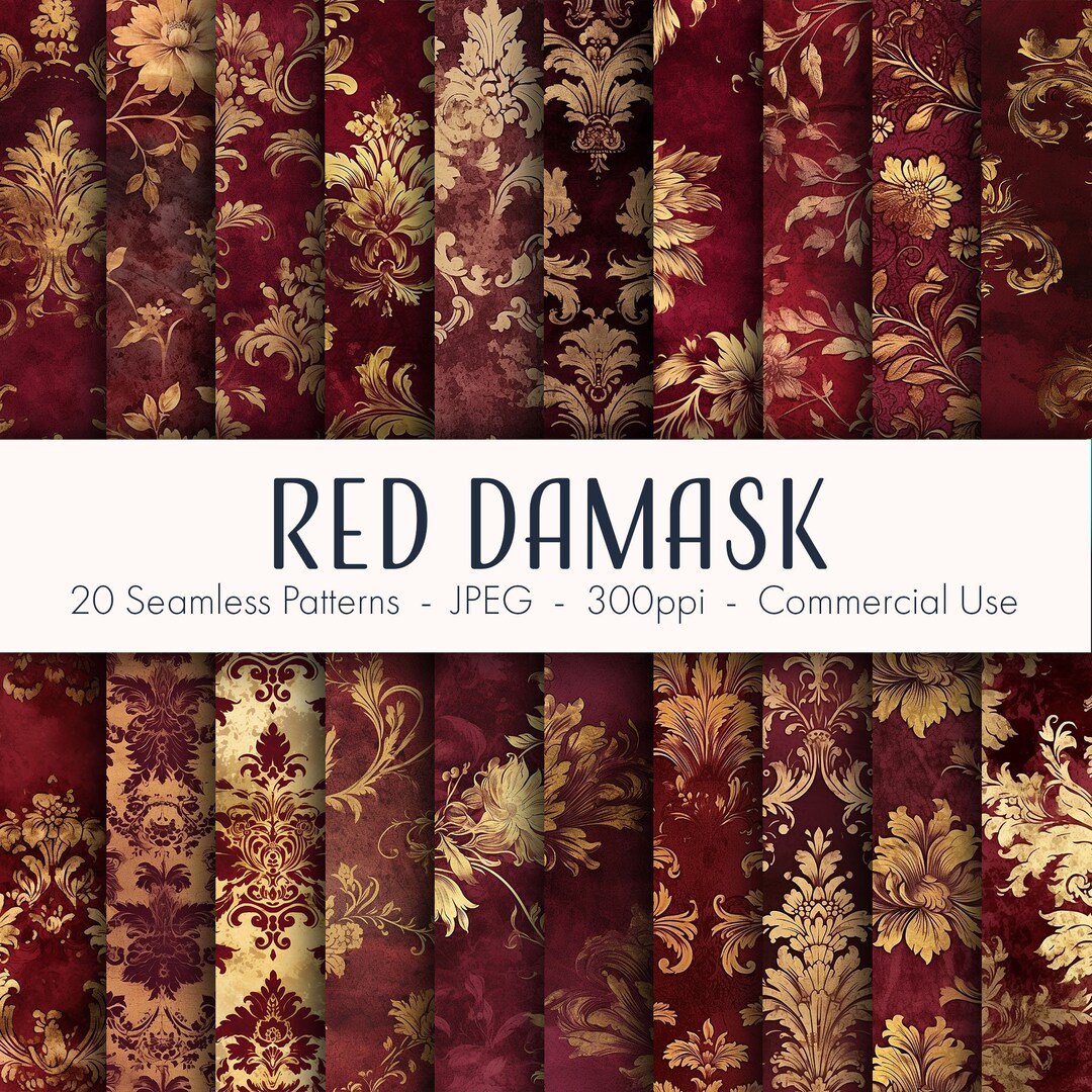 Red Damask Seamless Patterns, Printable Digital Paper, Instant Download ...
