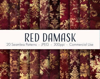 May include: A set of 20 seamless digital paper patterns featuring a red and gold damask design.  The patterns are perfect for crafting, scrapbooking, and digital design projects.  RED DAMASK - 20 Seamless Patterns - JPEG - 300ppi - Commercial Use