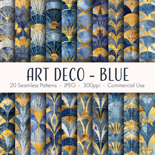 Art Deco Blue Seamless Patterns, printable digital paper, commercial use, JPEG format, instant download