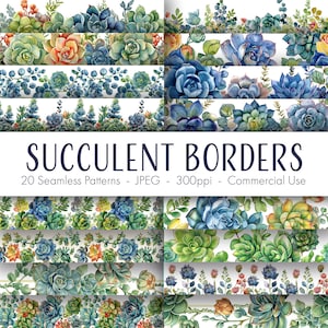 May include: A set of 20 seamless digital patterns featuring watercolor succulent borders. The patterns are perfect for creating invitations, cards, and other paper crafts.