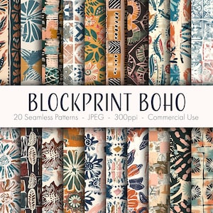 Padrões Boho Blockprint Seamless, papel digital para impressão, uso comercial, formato JPEG, download instantâneo