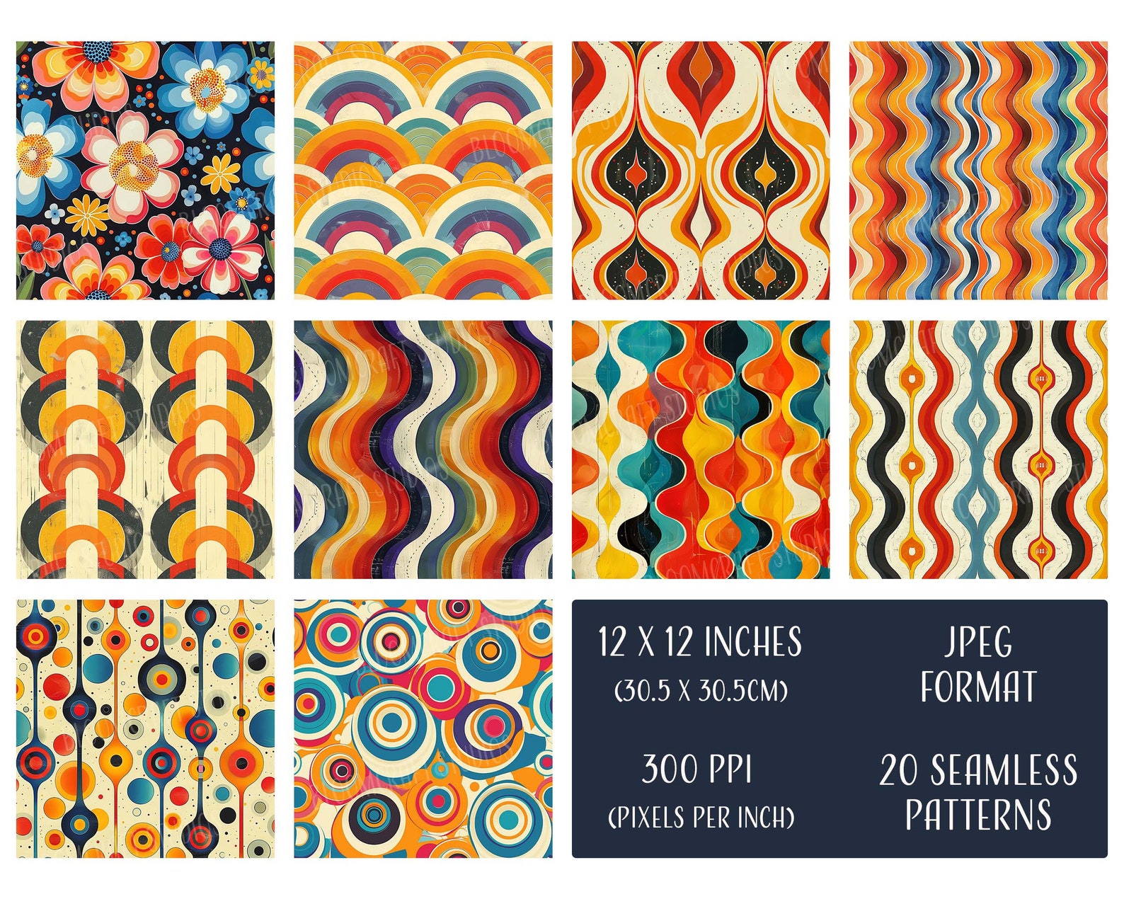 70s Seamless Patterns, Printable Digital Paper, Commercial Use, JPEG ...