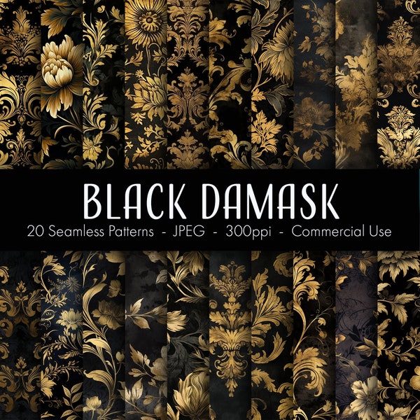 Black Damask Seamless Patterns, printable digital paper, instant download, commercial use, JPEG format