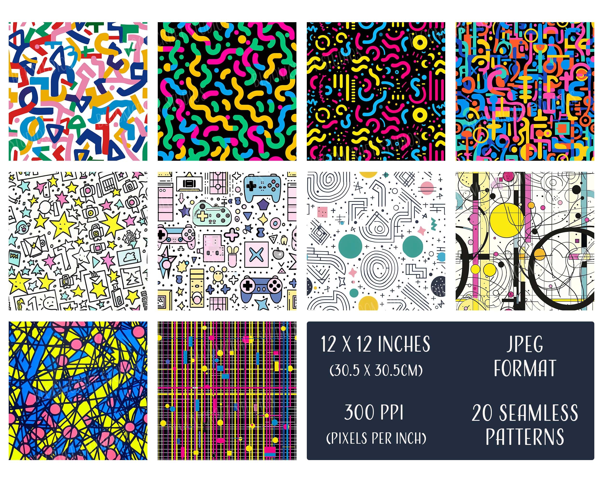 80s Retro Seamless Patterns, Printable Digital Paper, Commercial Use ...