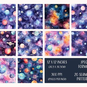 May include: 20 seamless digital paper patterns featuring watercolor illustrations of planets, stars, and galaxies in shades of blue, purple, pink, and orange. Each pattern is 12 inches by 12 inches (30.5 cm by 30.5 cm) and 300 pixels per inch.