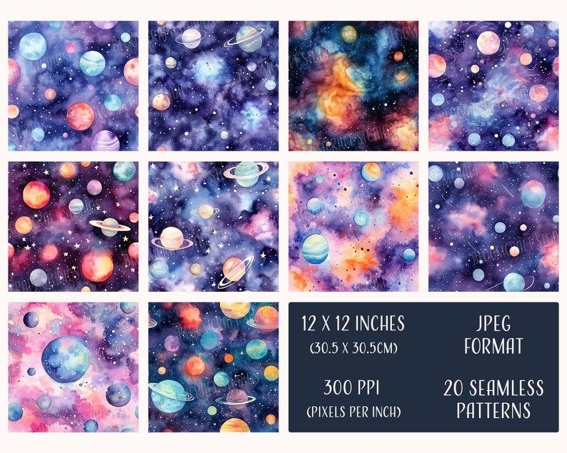 May include: 20 seamless digital paper patterns featuring watercolor illustrations of planets, stars, and galaxies in shades of blue, purple, pink, and orange. Each pattern is 12 inches by 12 inches (30.5 cm by 30.5 cm) and 300 pixels per inch.