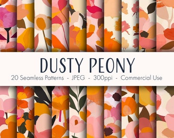 Dusty Peony naadloze patronen, afdrukbaar digitaal papier, commercieel gebruik, jpeg-indeling, instant download