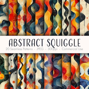 May include: 20 seamless digital paper patterns featuring abstract squiggly lines in a variety of colours, including blue, red, yellow, and white. The patterns are perfect for creating backgrounds, scrapbooking, and other craft projects.