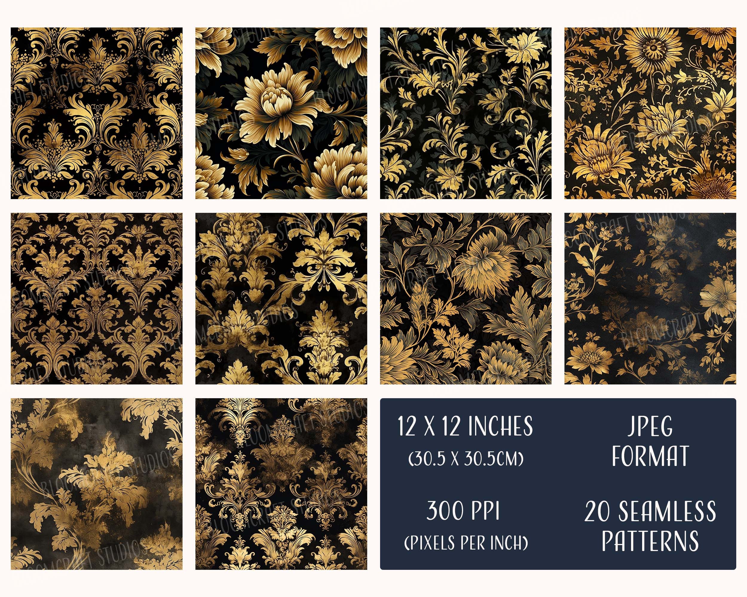 Black Damask Seamless Patterns, Printable Digital Paper, Instant ...