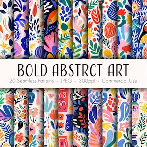 May include: A set of 20 digital seamless patterns featuring bold abstract art with colourful floral and geometric designs. The patterns are perfect for creating unique and eye-catching designs for various projects.