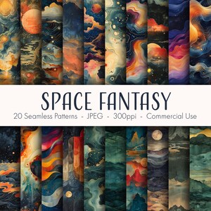 May include: 20 seamless digital paper patterns featuring abstract watercolor designs of swirling clouds, stars, and planets in shades of blue, orange, yellow, and red. The text "SPACE FANTASY" is at the top of the image. The text "20 Seamless Patterns - JPEG - 300ppi - Commercial Use" is at the bottom of the image.