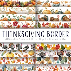 Może przedstawiać: Wzory obramowań na Święto Dziękczynienia z dyniami, indykami i jesiennymi liśćmi. Obraz zawiera tekst „THANKSGIVING BORDER” oraz szczegóły produktu: „20 Seamless Borders - JPEG - 300ppi - Commercial Use”.