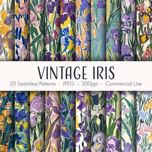 May include: A set of 20 seamless patterns featuring vintage-style iris flowers in various colors and designs. The patterns are perfect for crafting, scrapbooking, and digital projects.
