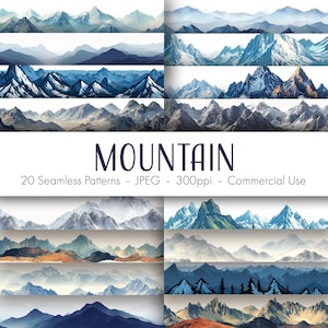 Puede incluir: 20 patrones de montaña sin costuras en varios estilos, que incluyen picos nevados, colinas boscosas y paisajes brumosos. Los patrones están en formato JPEG, 300ppi, y son adecuados para uso comercial.