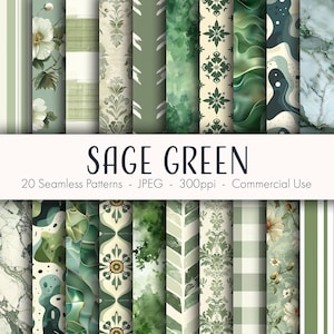 May include: A set of 20 sage green seamless patterns in JPEG format, 300ppi, for commercial use. The patterns include floral, geometric, and abstract designs.