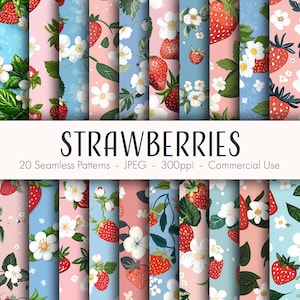 Fragole Seamless Patterns, carta digitale stampabile, uso commerciale, formato JPEG, download immediato