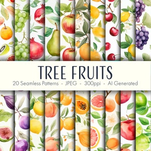Patrones sin costuras de árboles frutales, papel digital imprimible, uso comercial, formato JPEG, descarga instantánea