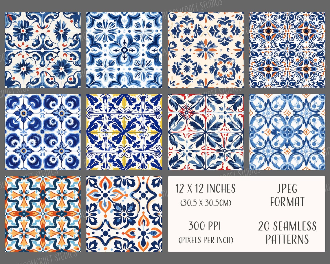 Spanish Tile Seamless Patterns, Printable Digital Paper, Instant ...
