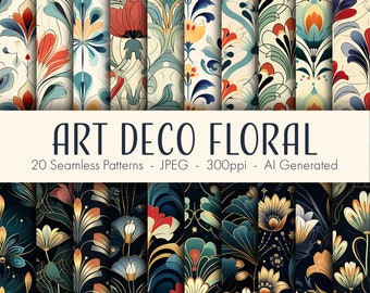 Art Deco Floral Seamless Patterns, printable digital paper, instant download, commercial use, scrapbook
