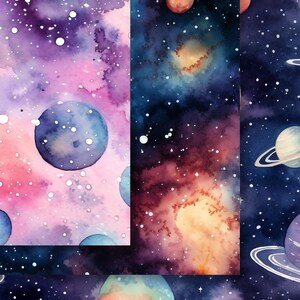 May include: A watercolor painting of a galaxy with planets and stars. The galaxy is a mix of pink, purple, and blue colors. The planets are different sizes and colors. The stars are white and scattered throughout the galaxy.