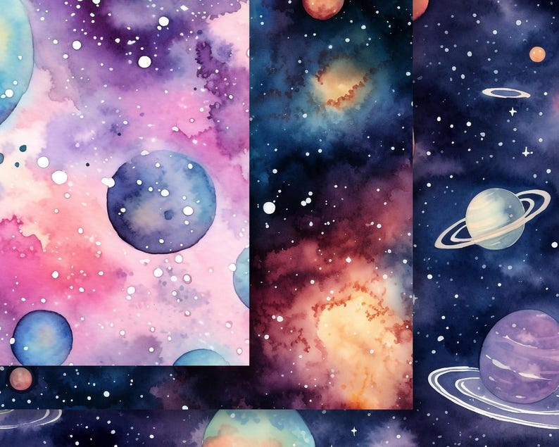 May include: A watercolor painting of a galaxy with planets and stars. The galaxy is a mix of pink, purple, and blue colors. The planets are different sizes and colors. The stars are white and scattered throughout the galaxy.