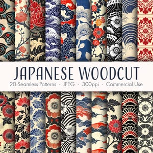 Japanische Holzschnitt Muster, druckbares digitales Papier, kommerzielle Nutzung, JPEG-Format, sofortiger Download