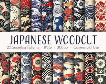 May include: 20 seamless patterns in a Japanese woodblock style. The patterns feature red, blue, and white colors with floral, wave, and geometric designs. The patterns are perfect for digital scrapbooking, crafting, and other creative projects.