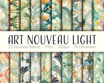 Art Nouveau Light Seamless Patterns, printable digital paper, instant download, commercial use, scrapbook