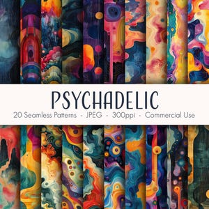 Puede incluir: 20 patrones psicodélicos sin costuras en una variedad de colores y formas. Los patrones son abstractos y presentan remolinos, círculos y otras formas geométricas.