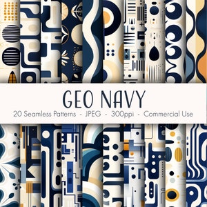 Geo Navy Seamless Patterns, druckbares digitales Papier, sofortiger Download, kommerzielle Nutzung, JPEG-Format