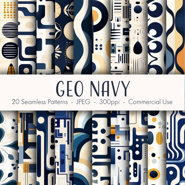 Geo Navy Seamless Patterns, printable digital paper, instant download, commercial use, JPEG format
