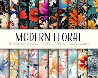 Modern Floral Seamless Patterns, printable digital paper, commercial use, JPEG format, instant download
