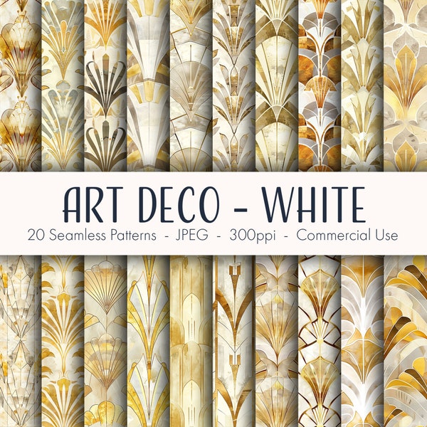 Art Deco White Seamless Patterns, printable digital paper, commercial use, JPEG format, instant download