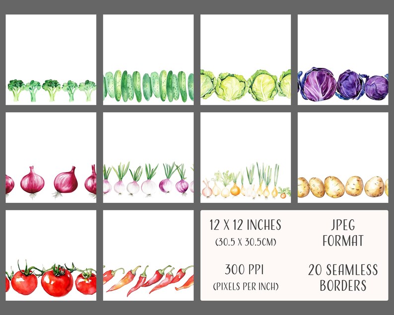 Vegetable Seamless Borders, Printable Digital Paper, Commercial Use ...