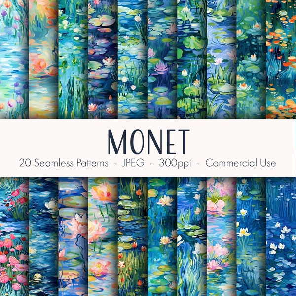 Modèles sans couture Monet, papier numérique imprimable, téléchargement immédiat, utilisation commerciale, format JPEG