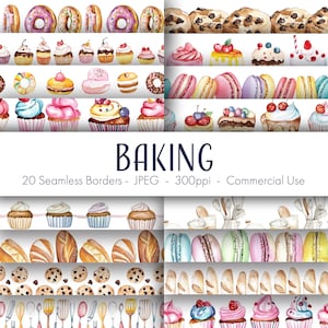 May include: A set of 20 watercolor seamless borders featuring various baking-themed elements, including donuts, cupcakes, macarons, cookies, bread, and kitchen utensils. The borders are perfect for adding a touch of sweetness to your digital or printed projects.