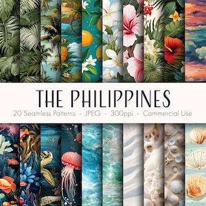 Può includere: Un set di 20 motivi digitali senza cuciture che presentano piante tropicali, fiori, conchiglie e onde oceaniche. I motivi sono in formato JPEG e hanno una risoluzione di 300ppi. Il testo "THE PHILIPPINES" è visualizzato nella parte superiore dell'immagine. Il testo "20 Seamless Patterns - JPEG - 300ppi - Commercial Use" è visualizzato sotto il titolo.