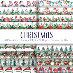 May include: A set of 20 seamless digital Christmas patterns featuring watercolor illustrations of snowmen, presents, ornaments, pine branches, holly, and lights. The patterns are perfect for creating festive designs for wrapping paper, cards, fabric, and more.