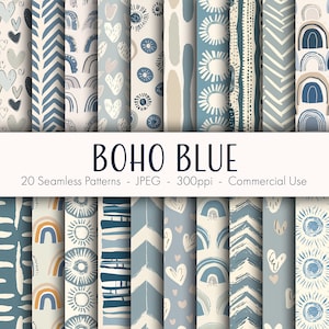 Boho Blau nahtlose Muster, druckbares digitales Papier, kommerzielle Nutzung, JPEG-Format, sofortiger Download