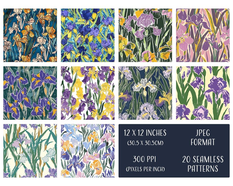 Vintage Iris Seamless Patterns, Printable Digital Paper, Commercial Use ...